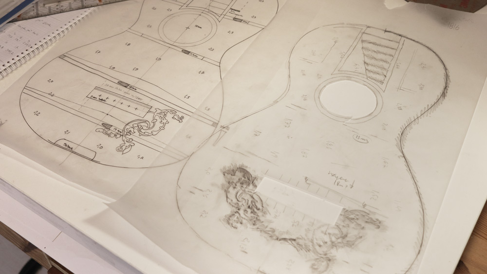 Sketches and final blueprint for an 1816 Gennaro Fabricatore guitar.