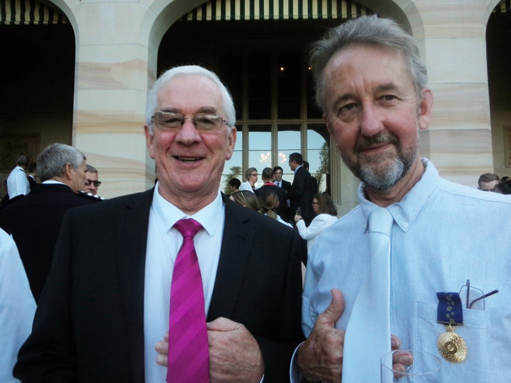 Graham (on right) with Cousin Brian Caldersmith after having received the Order of Australia Medal for “service to musical instrument making” Australia Day 2016.