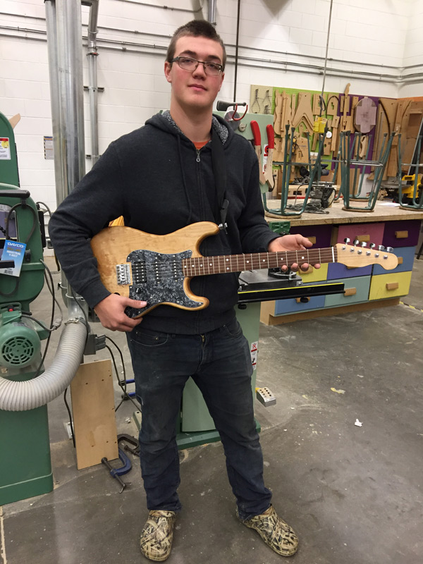 Jeremy constructed a traditional Stratocaster. Quilted west-coast maple body, quarter-sawn eastern hard maple neck, rosewood fretboard, Tru-Oil finish.