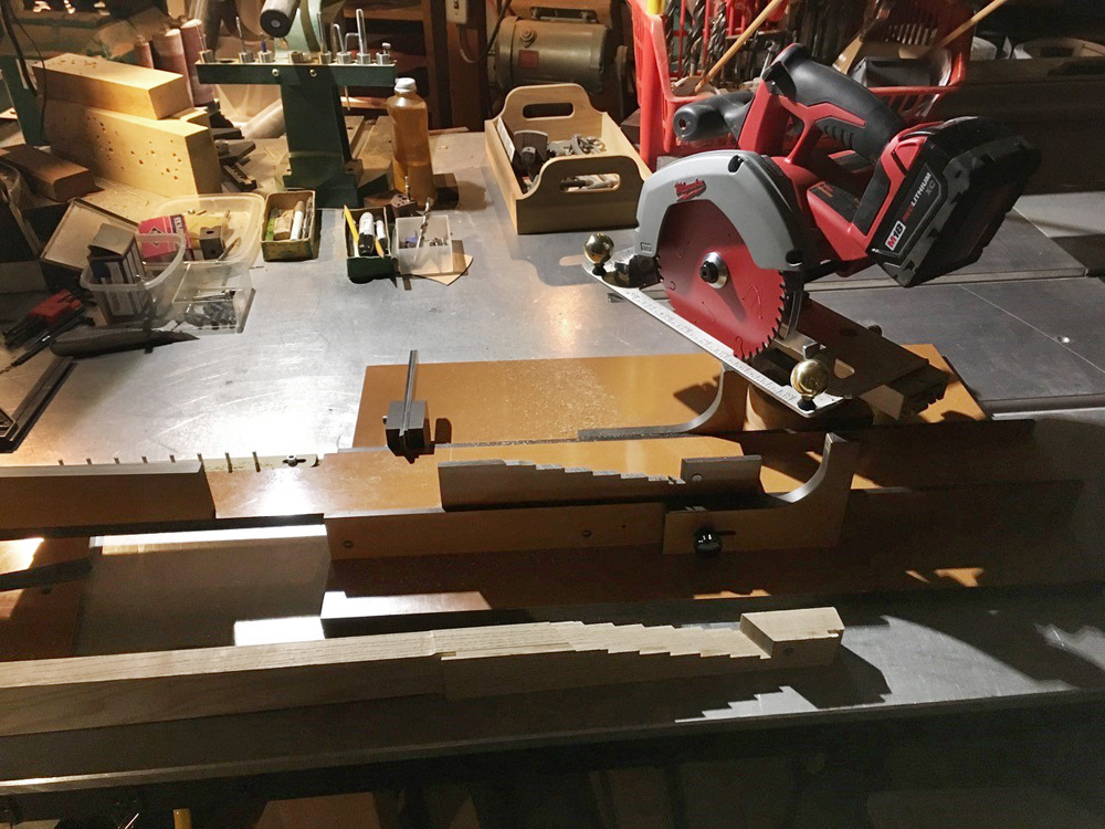 Another view of the circular saw jig for cutting peghead steps.