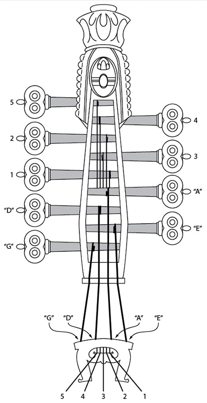 Figure 1. Stringing diagram, after Sandvik. “E,” “A,” “D,” and “G” should be understood as the names of the strings, not how they are tuned. Tuning is described in the text.
