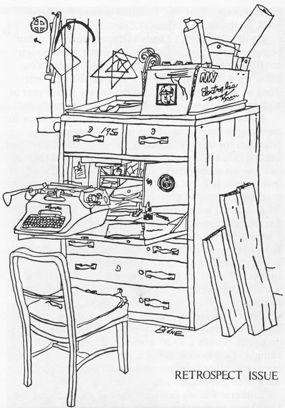 The cover of our December 1974 issue featured this drawing of the Guild’s entire office by Leo Bidne. Note the Segovia Box. It was only our eighth issue, and already we were having a retrospective!