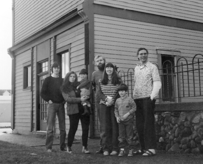 Today’s staff, assisted by Tim and Deb’s sons: (l to r) Dale Phillips, Bon (holding Sam), Tim, Deb, Isaac, and Jonathon Peterson. Photo by Jonathon Peterson.