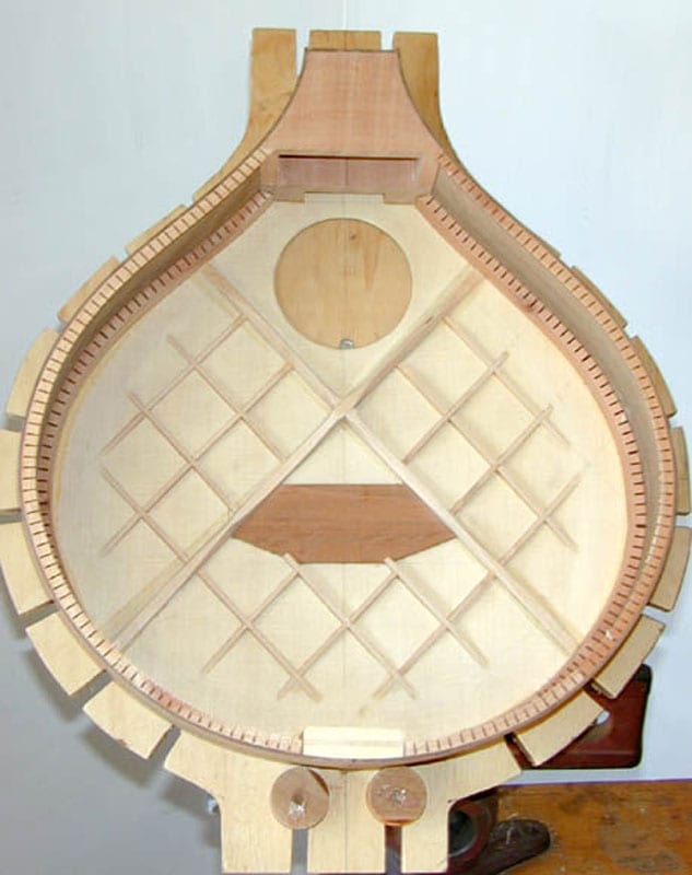 Here is a back view of the soundboard glued to the ribs.