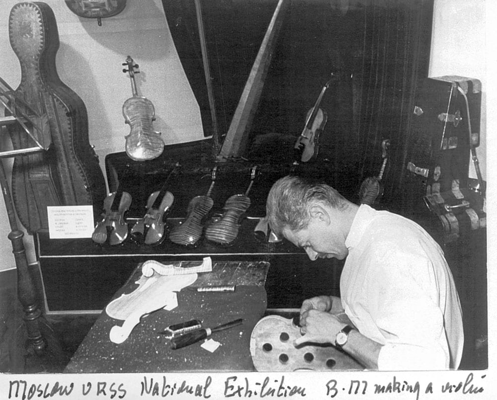 Bernard making a violin at the Moscow USSR National Exhibition. This photo did not appear in the magazine.