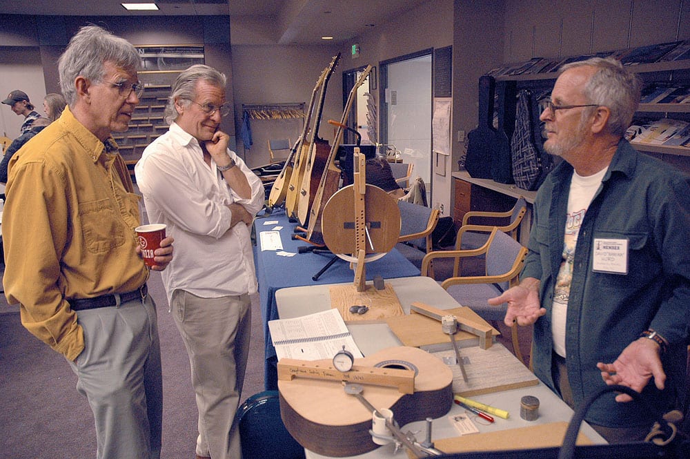 Don MacRostie (left) and Charles Fox discuss David Hurd's top compliance measuring jigs at David's exhibition table during the 2006 GAL Convention.