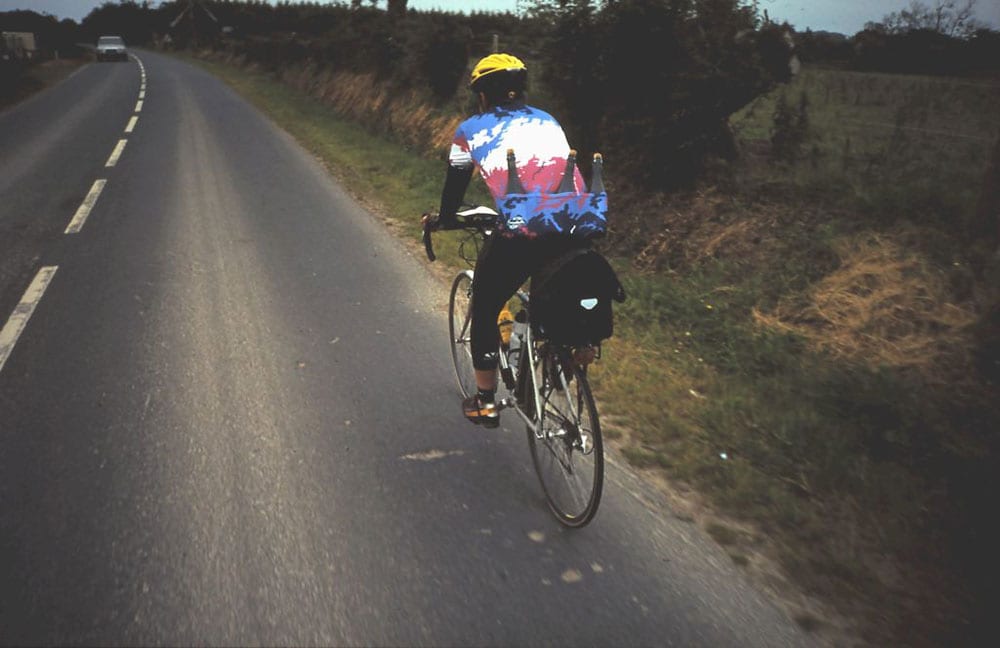 Bicycling in Northern France. That’s cider, not champagne, not that it would have mattered.