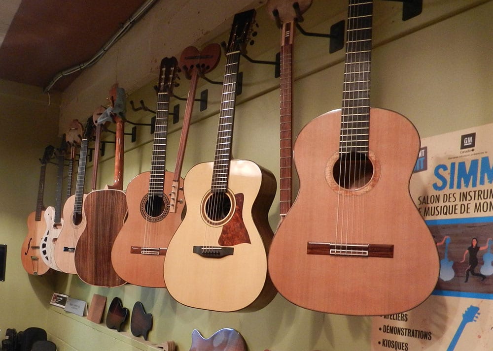 Guitars in the display room at the Lutherie Bordeaux shop. [Photo credit: R.M. Mottola]