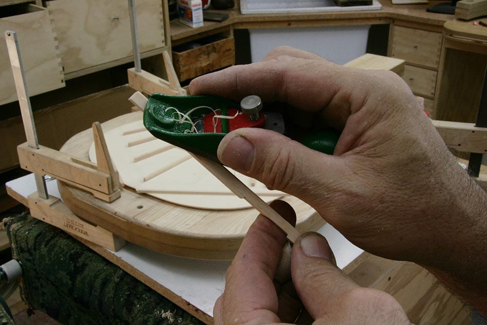 Bogdanovich prefers to trim the braces to a parabolic shape before gluing them in place. I usually glue, then trim, but gave this a try. After 15 years of doing it my way and doing it his way once, I kind of prefer my way, but not strongly.