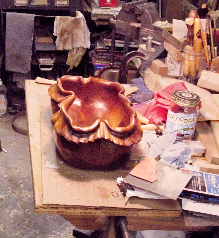 This bowl, carved to look like folded leather, was given to a customer as a “thank you” for his patience.