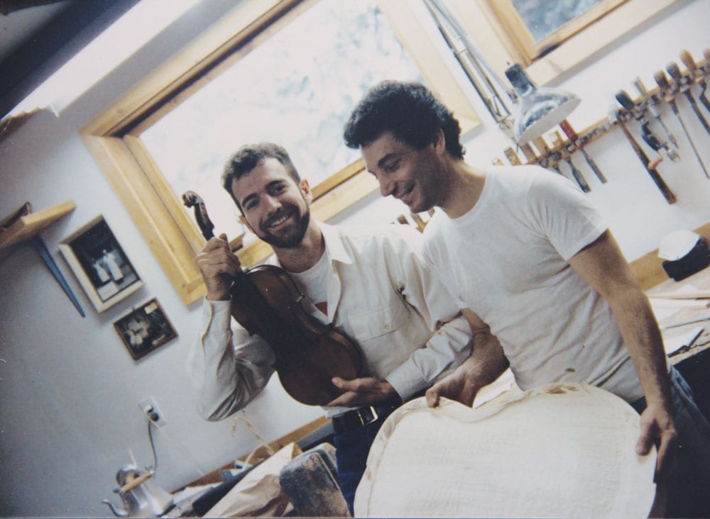 In Jimmy D’Aquisto’s shop, 1986 (Image 1 of 5).