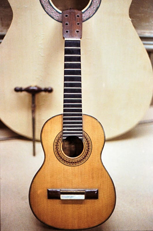 This tiny Santos guitar was possibly a “salesman sample” to demonstrate his workmanship.
