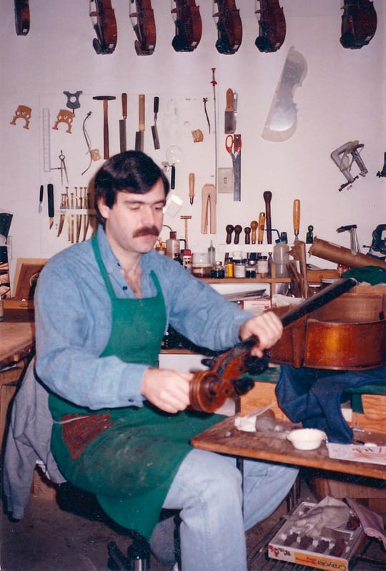 Working in the Metzler violin shop, 1987.