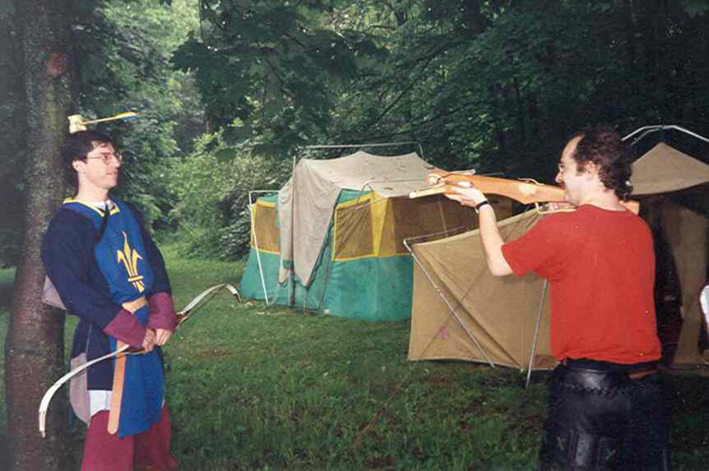 I used to shoot primitive archery, about the same time I started learning to make guitars. I never won a tournament, preferring to come in fourth a lot. For the record, we put the bolt in the apple and then put the apple on my head.