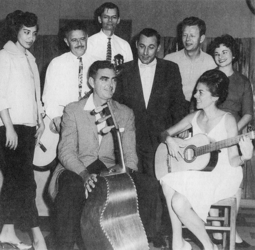 Dell Staton with members of the Miami Guitar Society in the ’60s. That’s Dell with the guitarron and Marjory Morton playing the guitar. I don’t know the name of the lady at the left, but the others are (L to R) Hart Huttig, Chico Taylor, Juan Mercadal, and Dr. and Mrs. Bohn. Photo courtesy of H.E. Huttig.