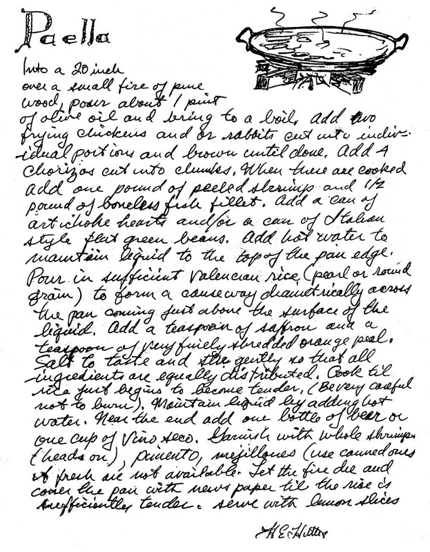 H.E. Huttig's handwritten recipe for Paella.